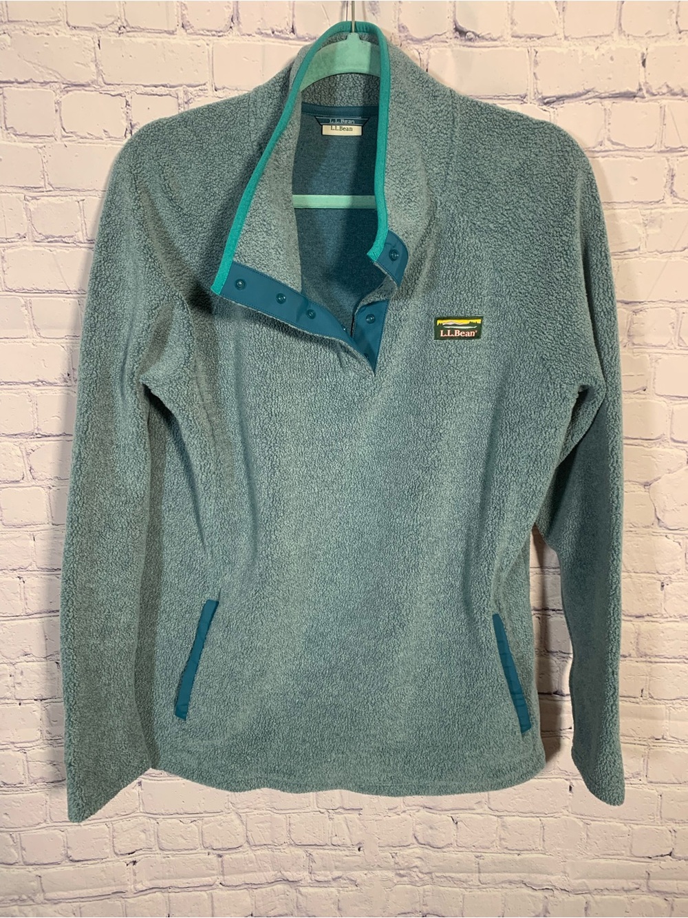 L.L.Bean Womens Tumbled Sherpa Quarter Snap Pullover Teal Sz L Outdoor Casual